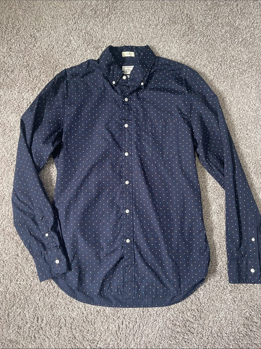 J. Crew Navy Button-Down Shirt with White Polka Dots